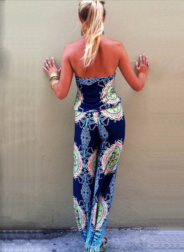 F2438-2 Blue Tribal Print Strapless Wide Leg Jumpsuit